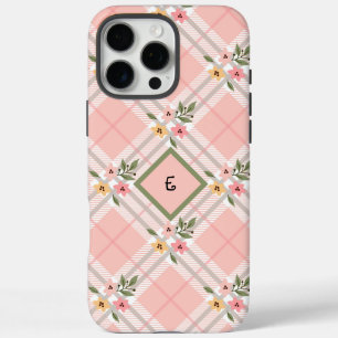 Pink Plaid Floral Monogram iPhone 16 Pro Max Case