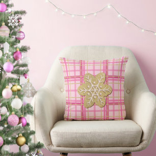 Pink Plaid Gold Glitter Gingerbread Cookie Festive Throw Pillow