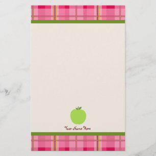 Pink Plaid & Green Apple Personalized Teacher Stationery
