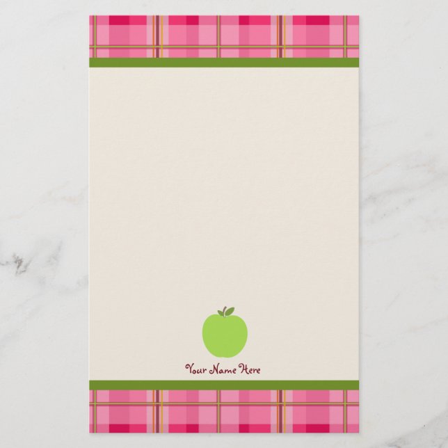 Pink Plaid & Green Apple Personalized Teacher Stationery (Front)
