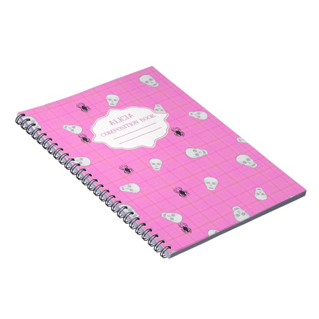 Pink plaid Halloween Skull & Spider personalized  Notebook (Right Side)