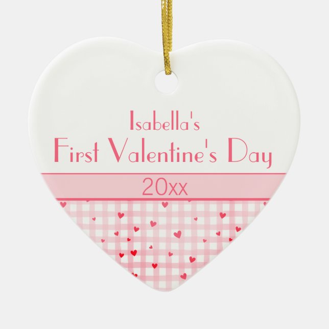 Pink Plaid Hearts Baby Photo First Valentine's Day Ceramic Ornament (Front)