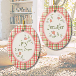 Pink Plaid "Joy in Every Chapter" Personalized  Ceramic Ornament