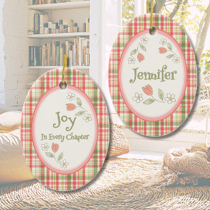 Pink Plaid "Joy in Every Chapter" Personalized  Ceramic Ornament