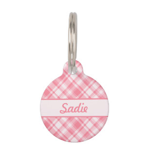 Pink Plaid Pattern & Custom Pet Name And Number Pet Tag