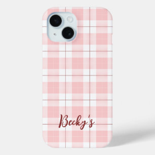 Pink Plaid Pattern with Name iPhone 15 Case