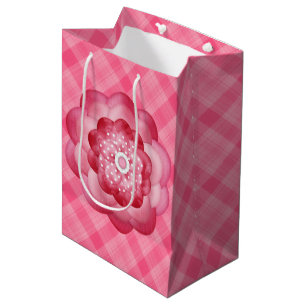 PINK PLAID PATTERN WITH PINK FLOWERS MEDIUM GIFT BAG