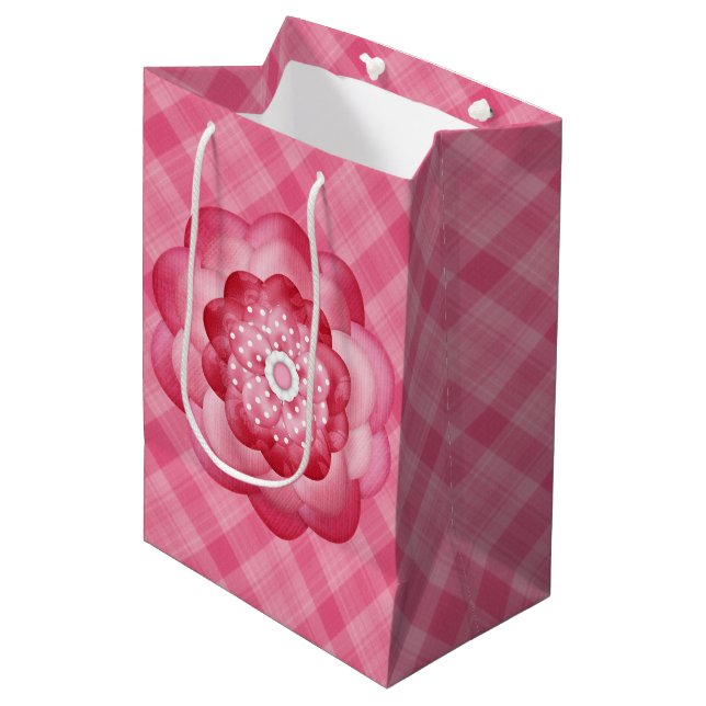 PINK PLAID PATTERN WITH PINK FLOWERS MEDIUM GIFT BAG (Front Angled)