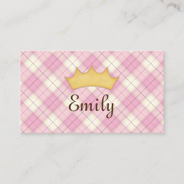 Pink Plaid Personalized Princess Calling Card (Front)