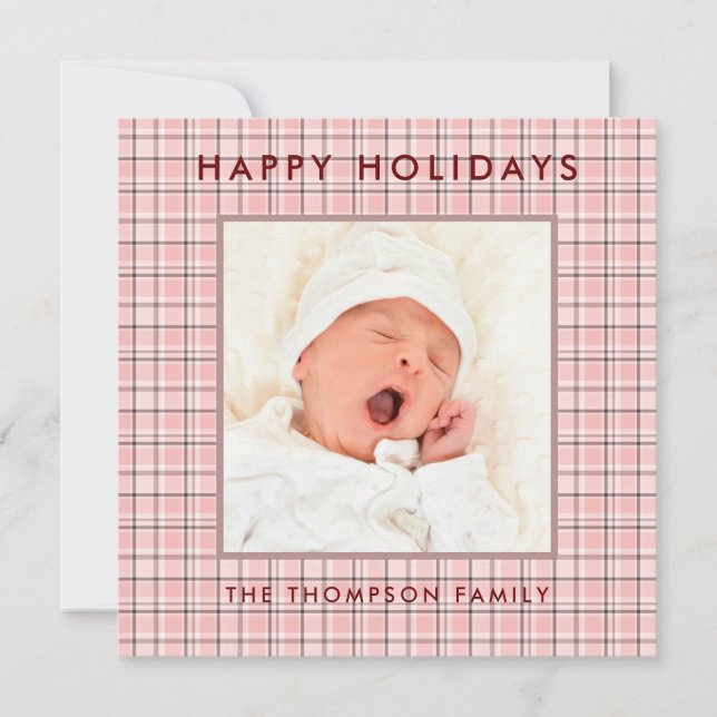 Pink Plaid Photo Christmas Holiday Card (Front)