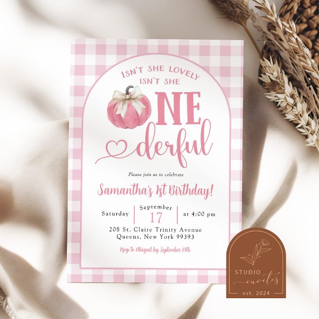 Pink Plaid Preppy Pumpkin First Onederful Birthday Invitation (Creator Uploaded)