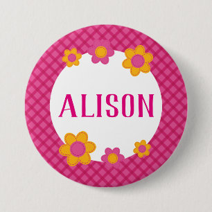 Pink plaid spring floral girls name 3 inch round button
