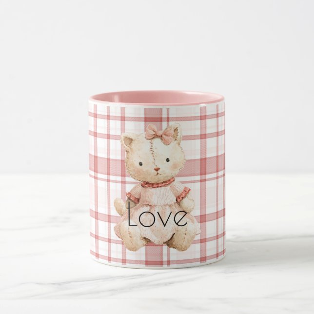 Pink Plaid Stripes Cat Mug (Center)
