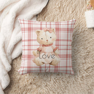 Pink Plaid Stripes Cat Throw Pillow