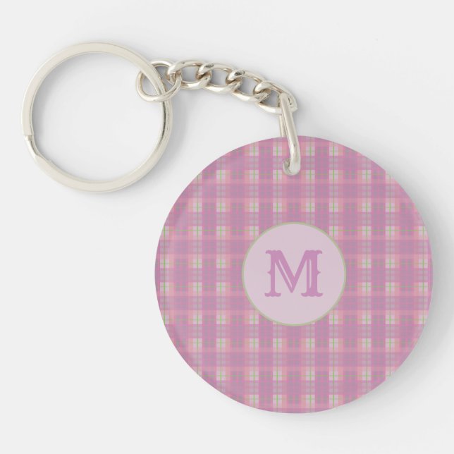 Pink Plaid Stripes Key Chain Capital Initial (Devant)