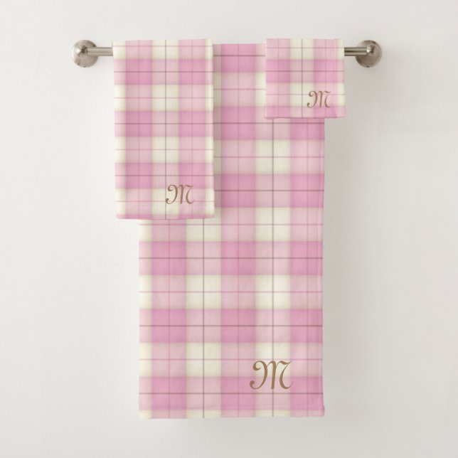 Pink Plaid Tartan Personalized Monogram Girls Bath Towel Set (Insitu)