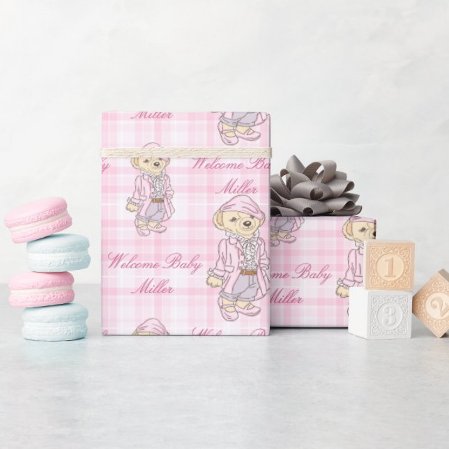 Pink plaid teddy bear personalized name wrapping paper (Baby Shower)