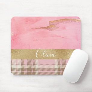 Pink Plaid Watercolor Name Mouse Pad