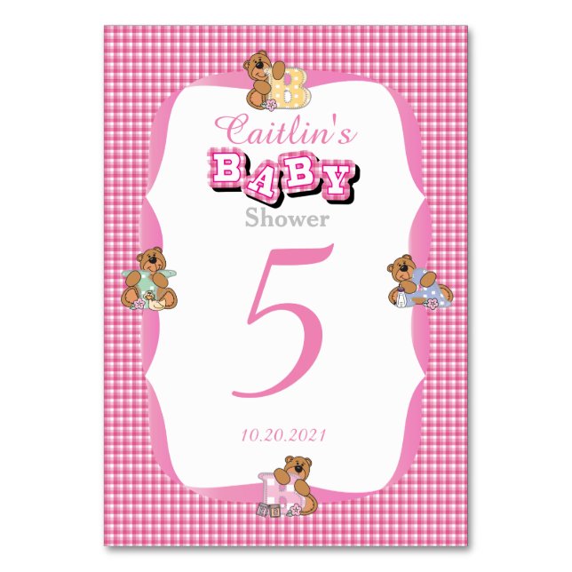 Pink Plaid with Baby Bears Table Numbers (Front)