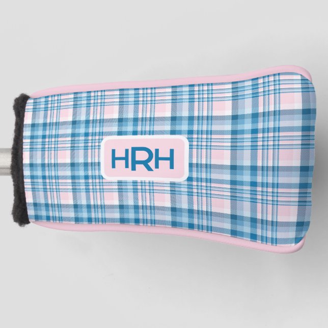 Pink Plaid with Modern Monogram Golf Head Cover (Front)
