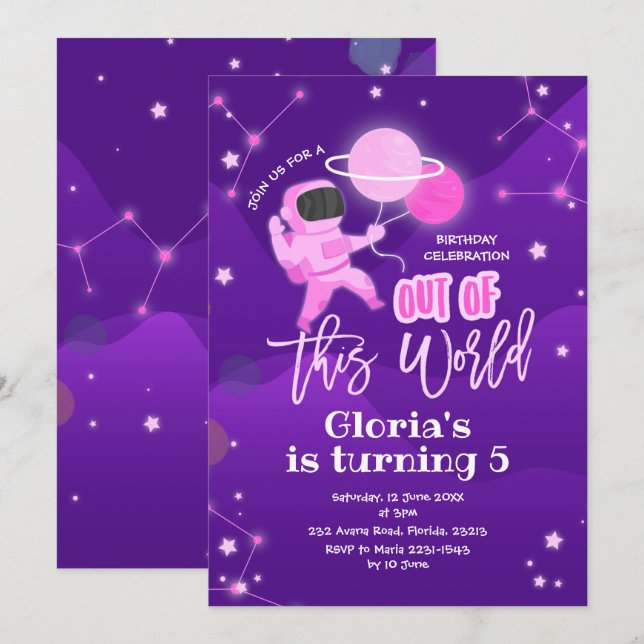 Pink Planet Space Out of This World Birthday Invitation (Front/Back)