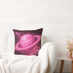Pink Planet with Pink Rings Throw Pillow