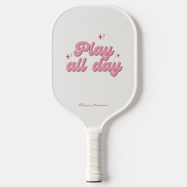 Pink Play All Day Retro Personalized Name Pickleball Paddle (Front)