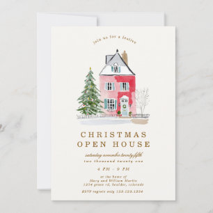 Pink Playful House Christmas Open House Party Invitation