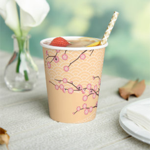 Pink Plum Blossom on Yellow Paper Cups