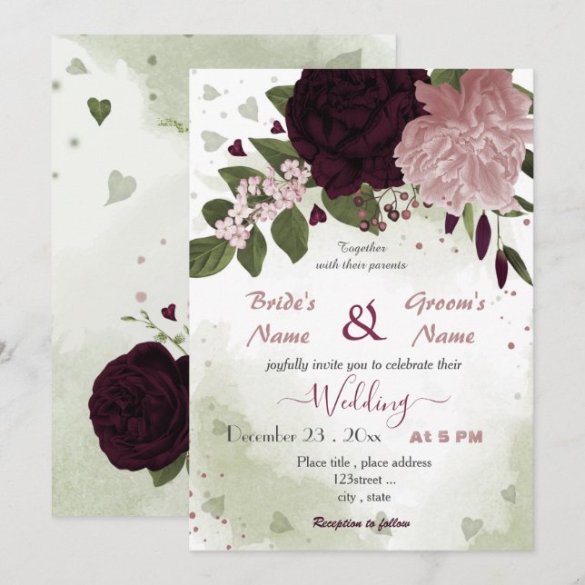 pink plum burgundy flowers greenery invitation (Front/Back)