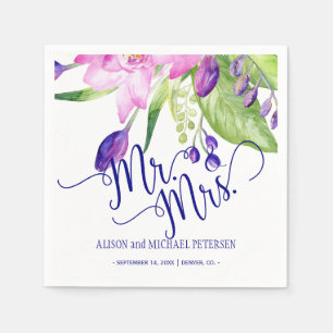 Pink plum floral bouquet mr and mrs script wedding napkin
