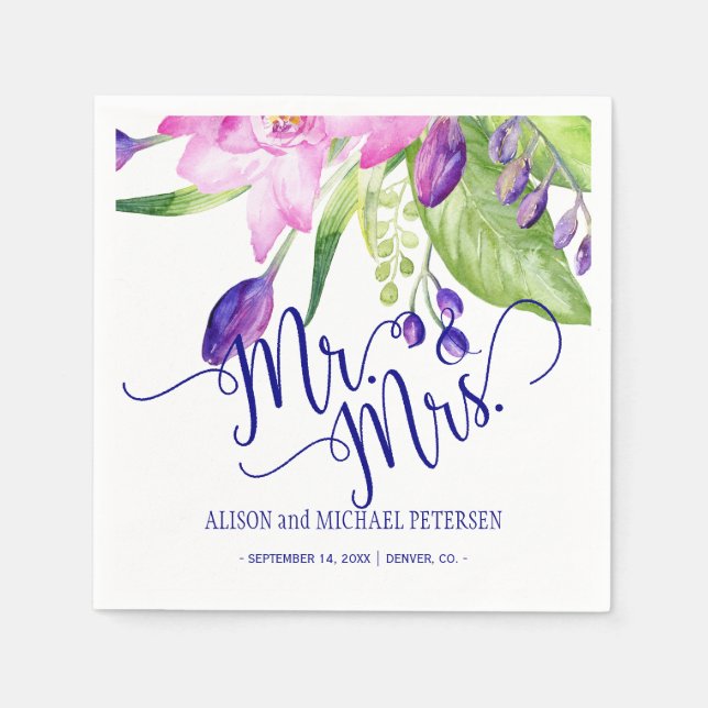Pink plum floral bouquet mr and mrs script wedding napkin (Front)