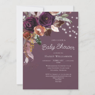 Pink Plum Purple Floral String Light Baby Shower Invitation