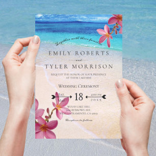 Pink Plumeria Beach Destination Wedding © Invitation