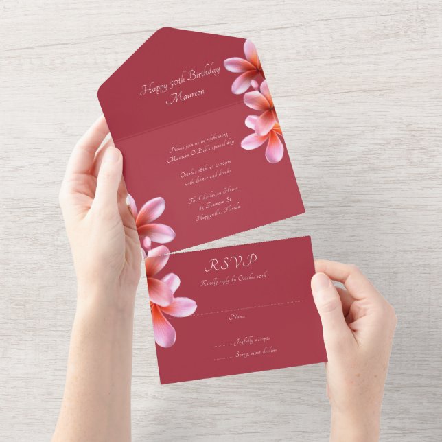 Pink Plumeria Birthday Party All In One Invitation (Tearaway)