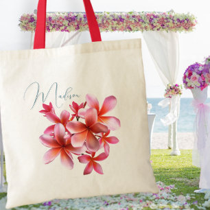 Pink Plumeria Bridesmaid Gift Personalized Tote Bag