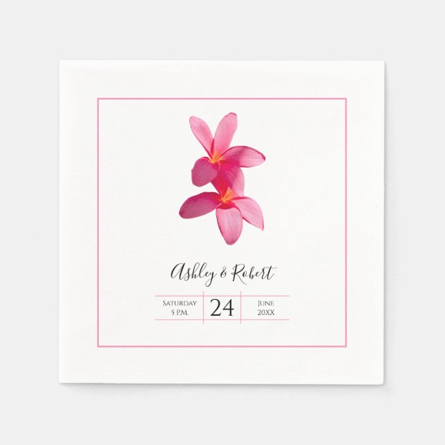 Pink Plumeria Flowers, Modern Wedding Napkins (Front)