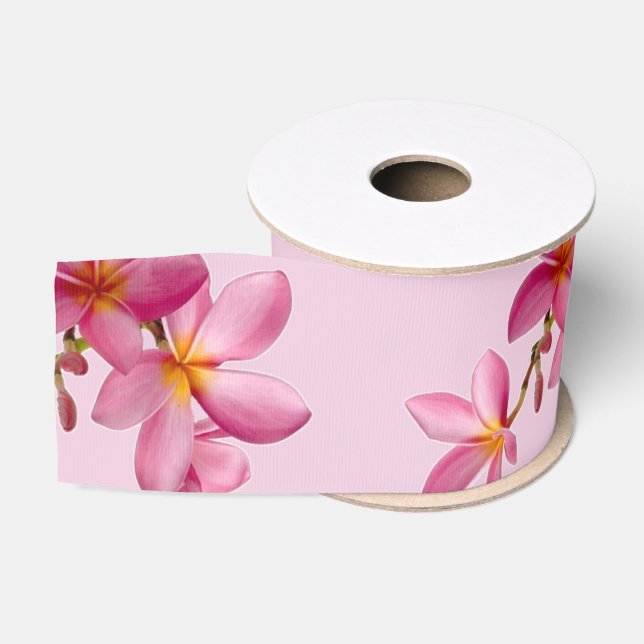Pink Plumeria Flowers on Any Colour Grosgrain Ribbon (Spool)