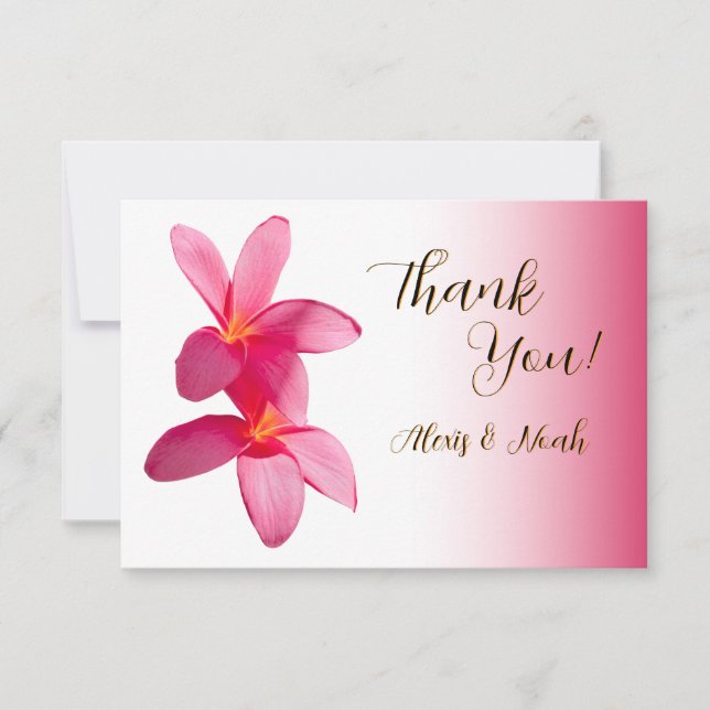 Pink Plumeria Flowers on Pink, Floral, Wedding Thank You Card (Front)
