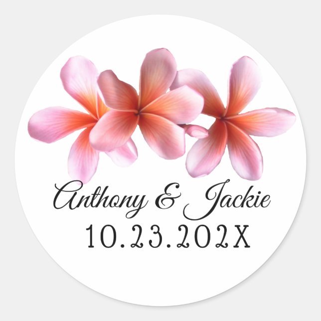 Pink Plumeria Flowers Wedding  Classic Round Sticker (Front)