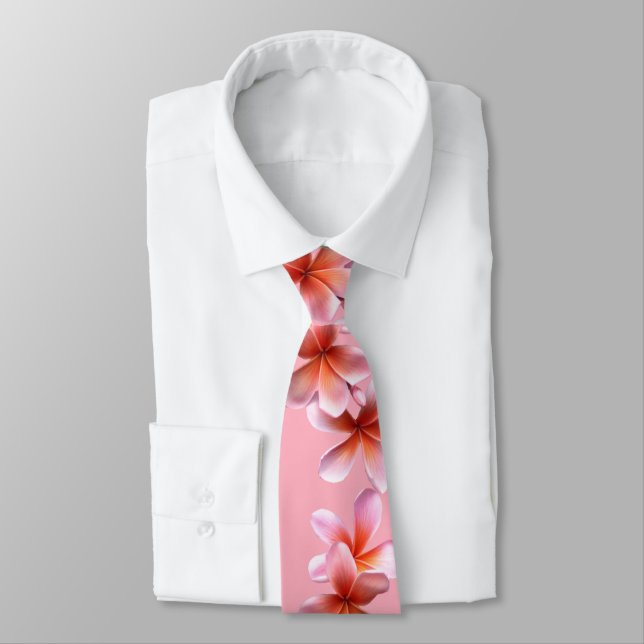 Pink Plumeria Frangipani Unisex Tie (Tied)
