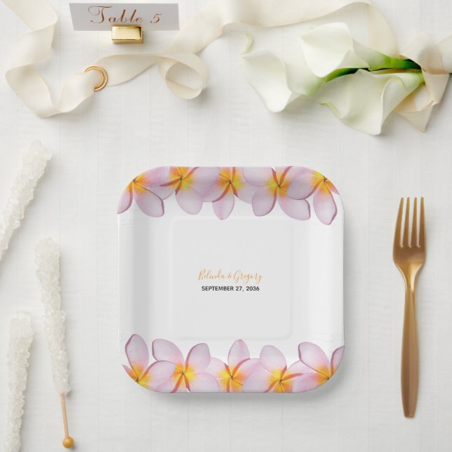 Pink Plumeria Frangipani Wedding Paper Plate (Wedding)