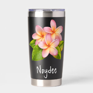 Pink Plumeria Frangipani, your Name, Floral Insulated Tumbler