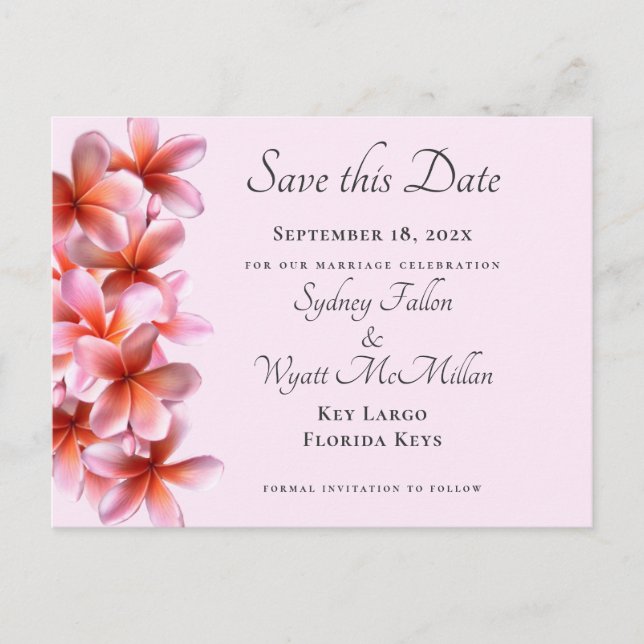Pink Plumeria Save the Date Custom Postcard (Front)