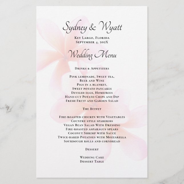 Pink Plumeria Simple Mariage Menu Modèle (Devant)