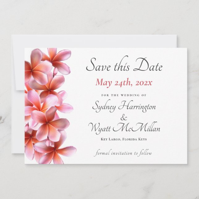 Pink Plumeria Wedding Save-the-Date White  Announcement (Front)
