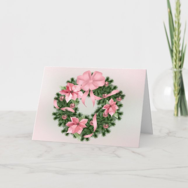 Pink Poinsetta Wreath Holiday Card (Front)