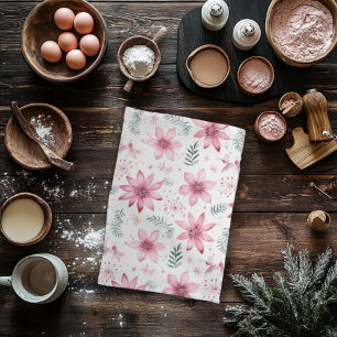 Pink Poinsettas Christmas Trees Kitchen Towel