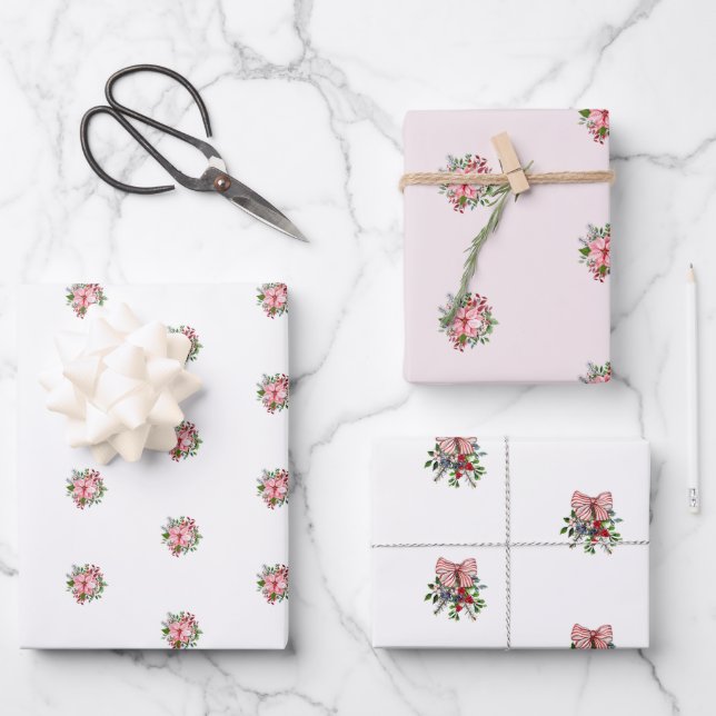 Pink Poinsettia Bouquet Holly and Berries Wrapping Paper Sheet (Front)