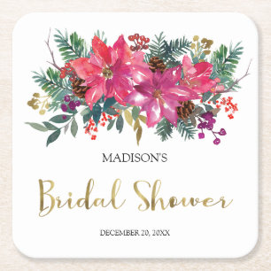 Pink Poinsettia Christmas Bridal Shower Square Paper Coaster